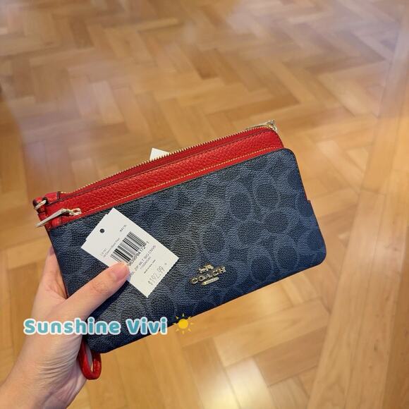 NWT Coach CX161 Double Zip Wallet Signature Canvas Wristlet Denim Bold Red - Picture 4 of 4